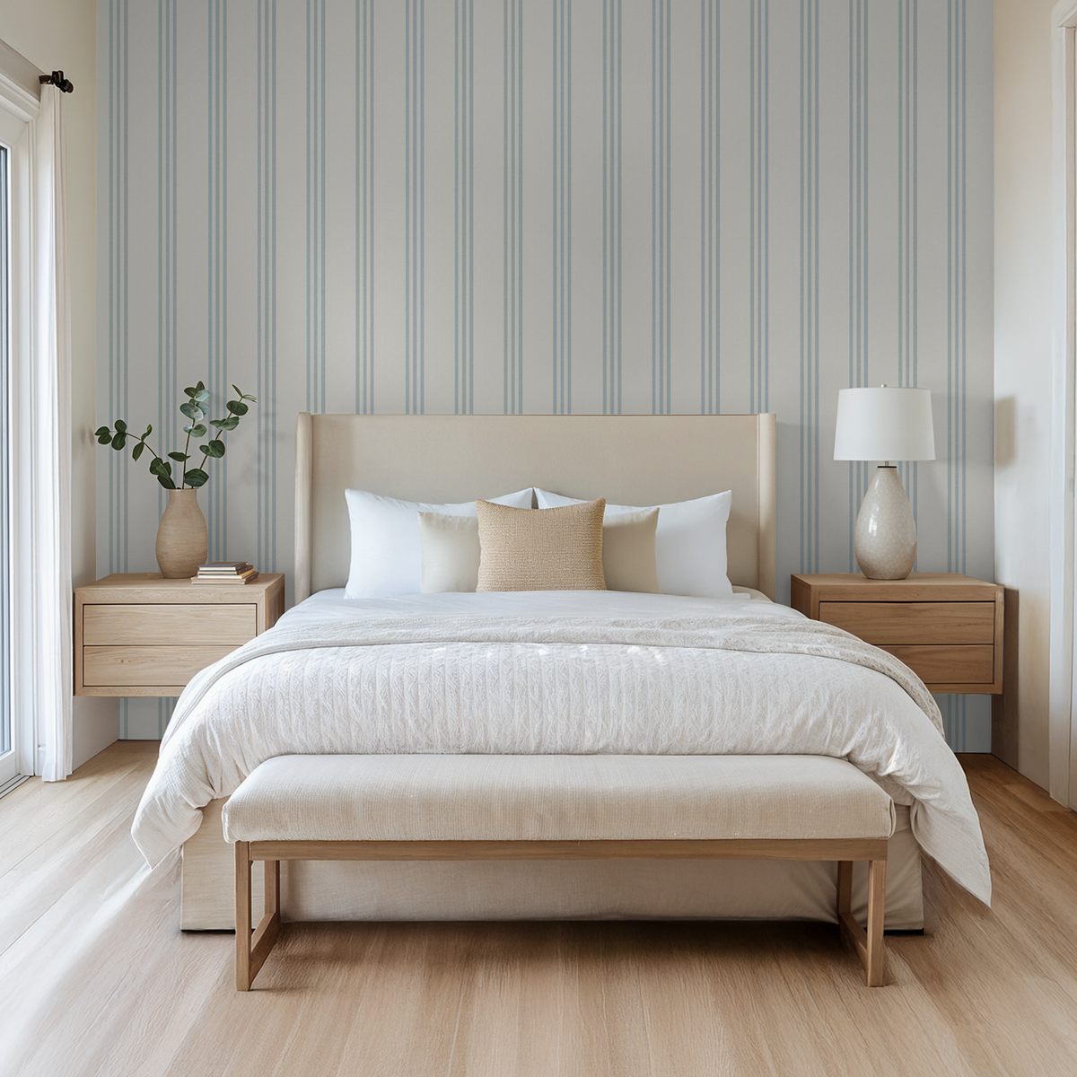 Meridian Andrew Blue Linen Texture Triple Stripe Wallpaper