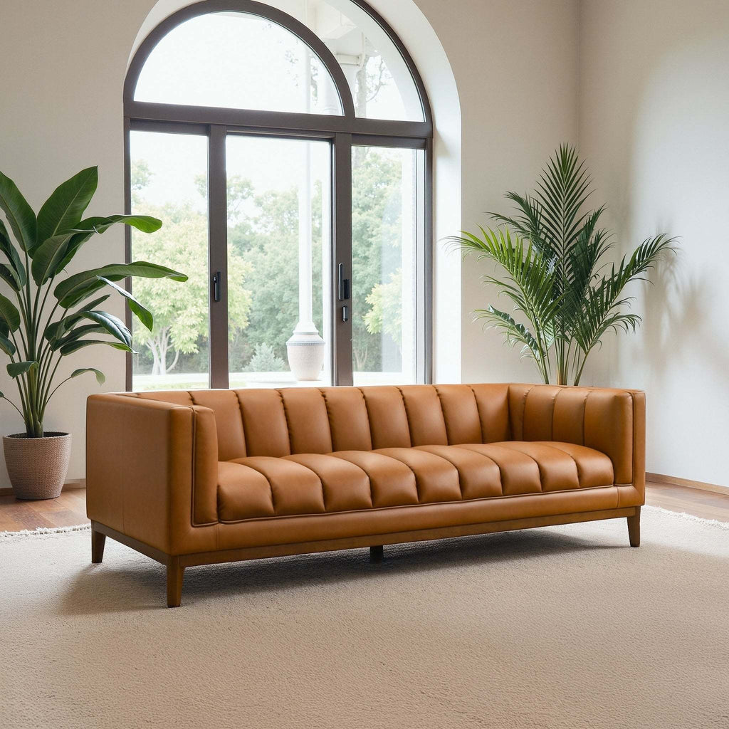 Melissa Modern Channel Tufted Cognac Vegan Leather Sofa