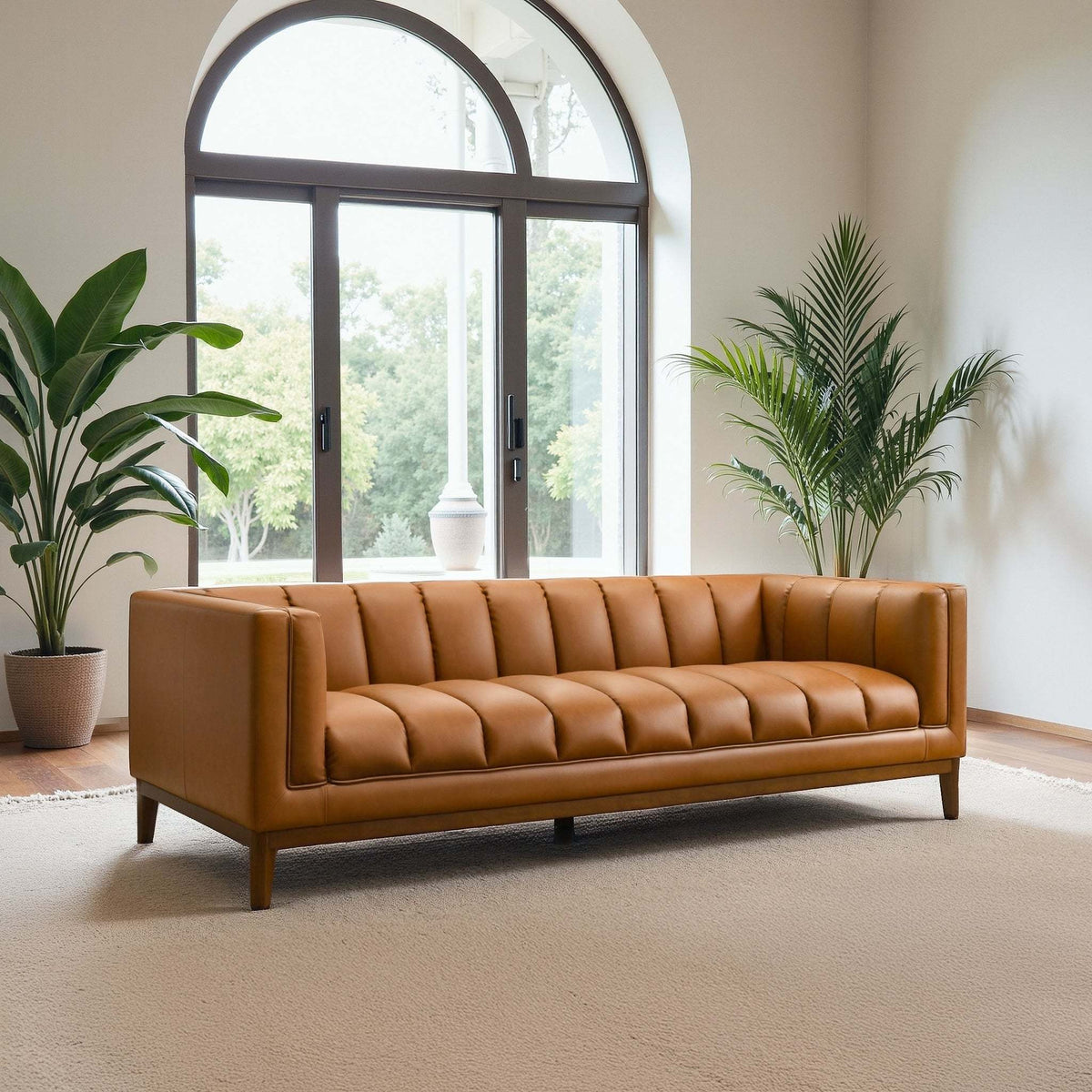 Melissa Modern Channel Tufted Cognac Vegan Leather Sofa