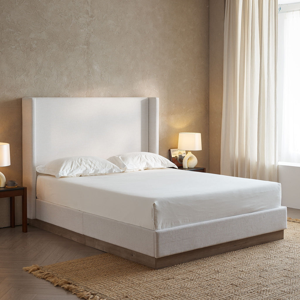 Hosford Minimalist Upholstered Wingback Bed With Rustic Wood Base