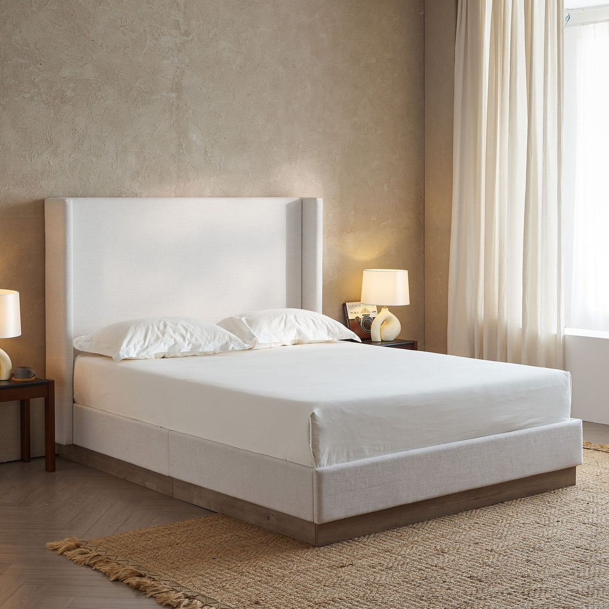 Hosford Minimalist Upholstered Wingback Bed With Rustic Wood Base