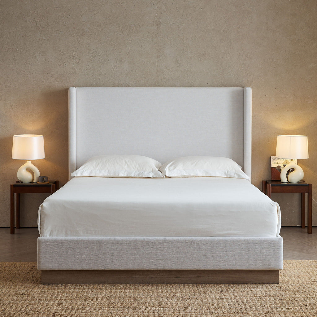 Hosford Minimalist Upholstered Wingback Bed With Rustic Wood Base