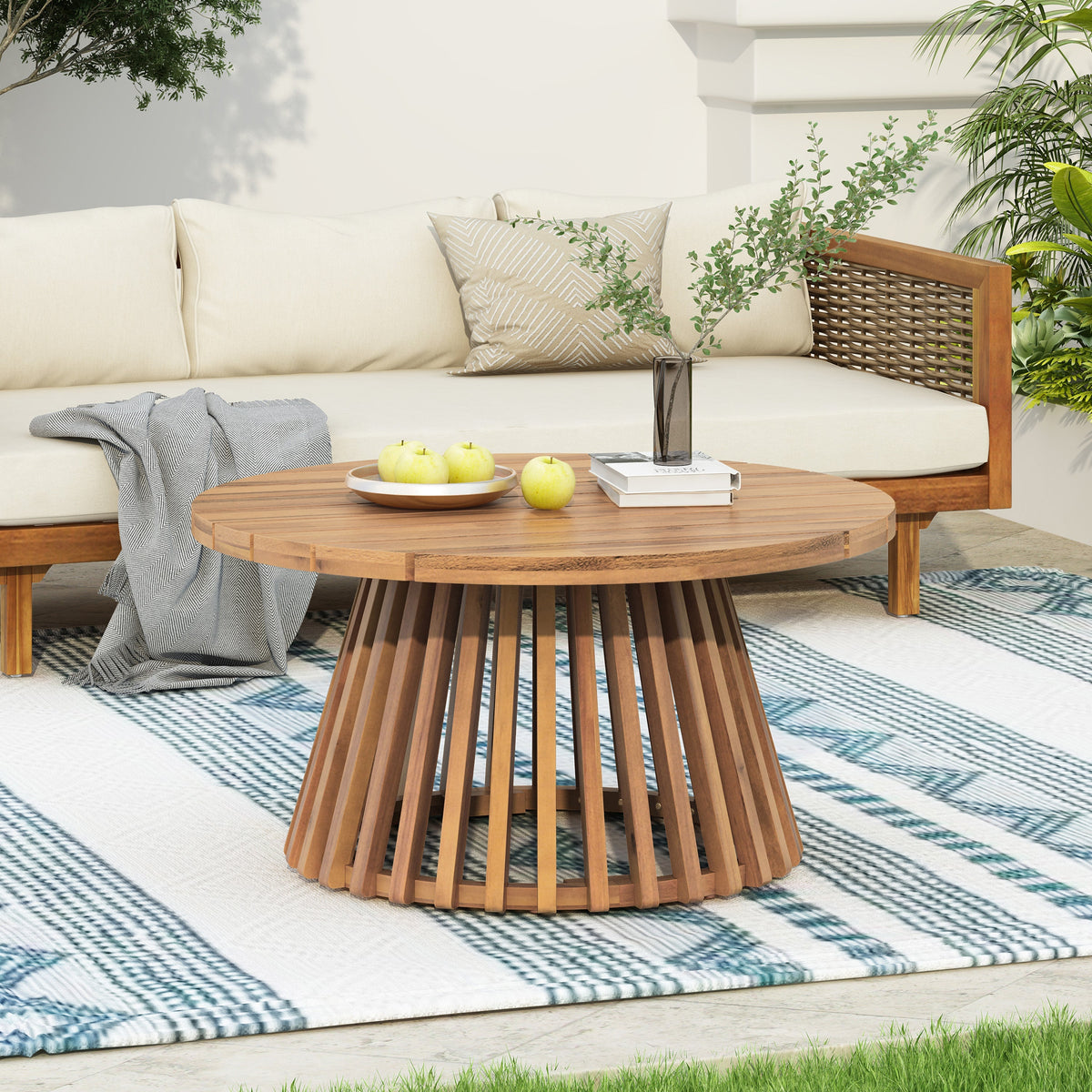 Aura Acacia Wood Patio Coffee Table With Layered Base