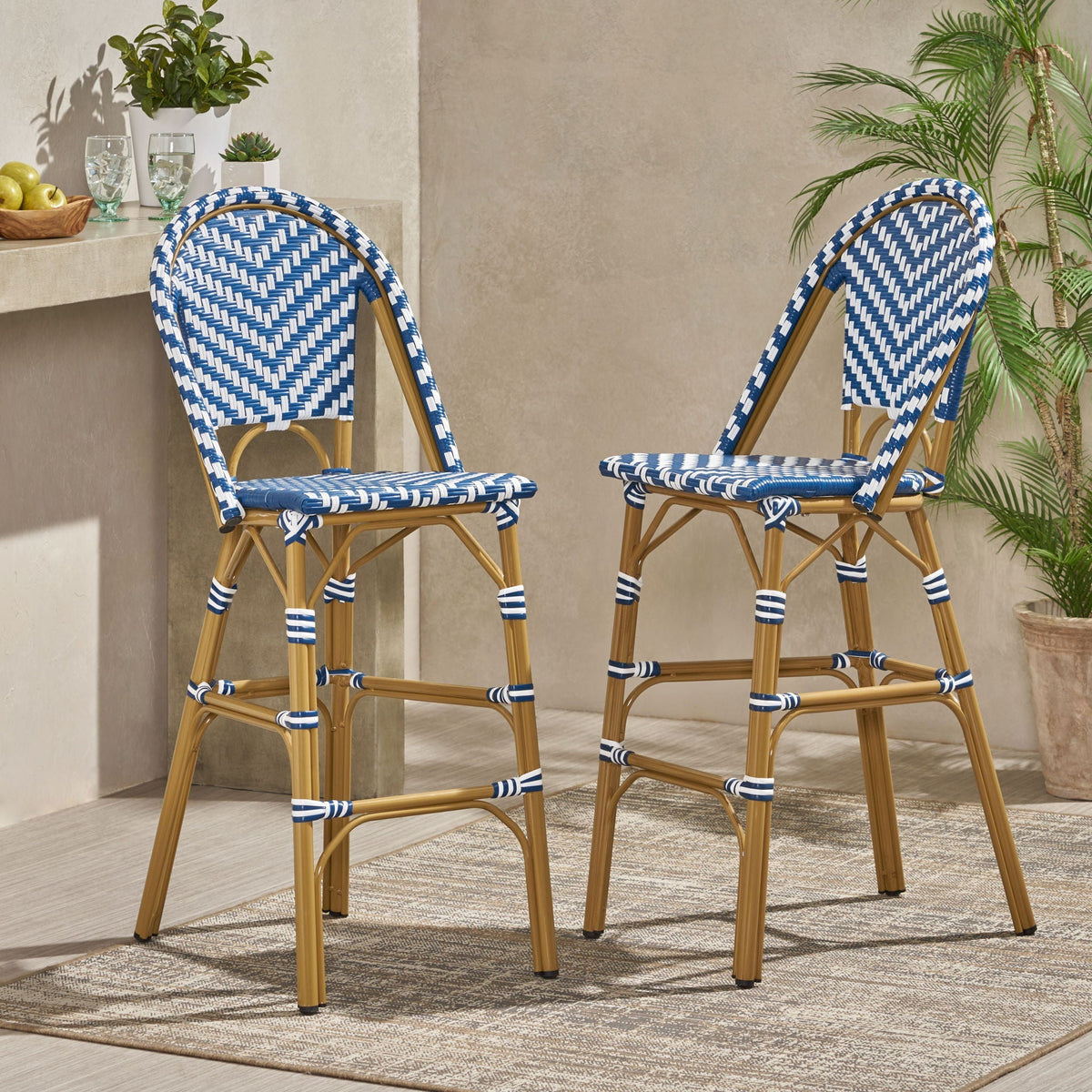 Aurelia Durable Rattan French Barstool Set Navy Blue