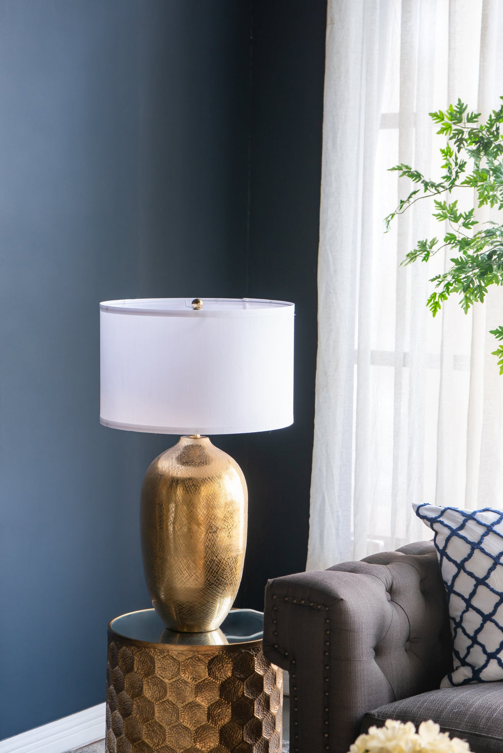 Velura Gold Aluminum Table Lamp With White Fabric Drum Shade