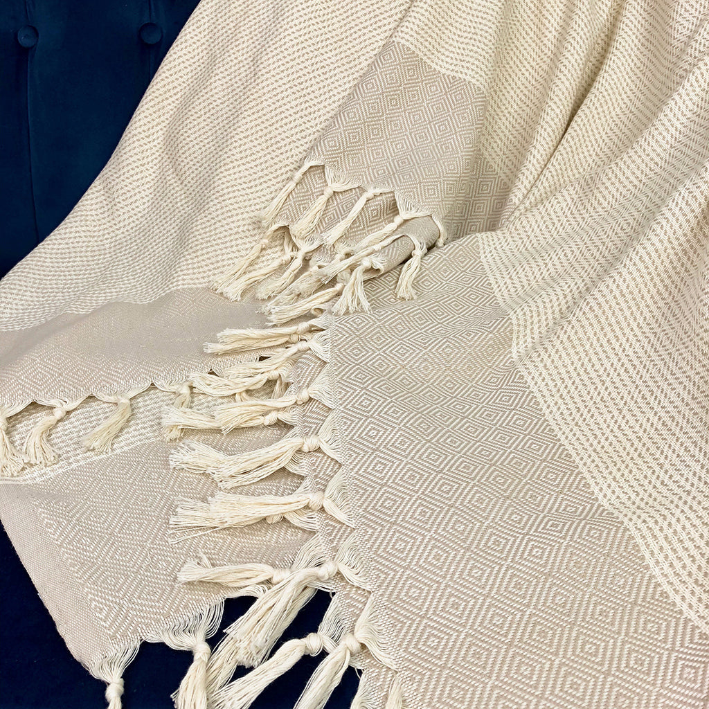 NobleWeave Diamond Stripe Turkish Throw Hand Knotted Ivory