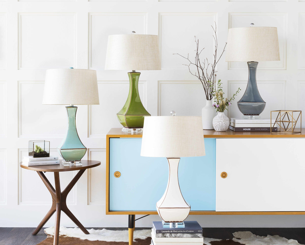 Tuka Tan Ceramic Table Lamp with Clear Crystal Base and Ivory Shade