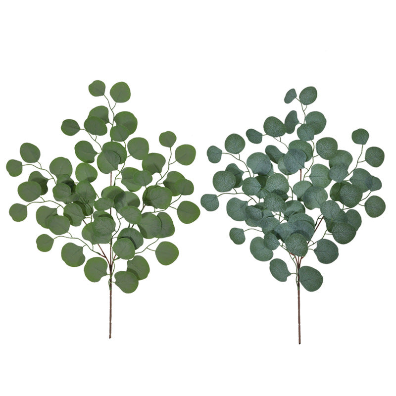 Two artificial silver dollar eucalyptus stems with frosted round leaves shown side by side on a white background