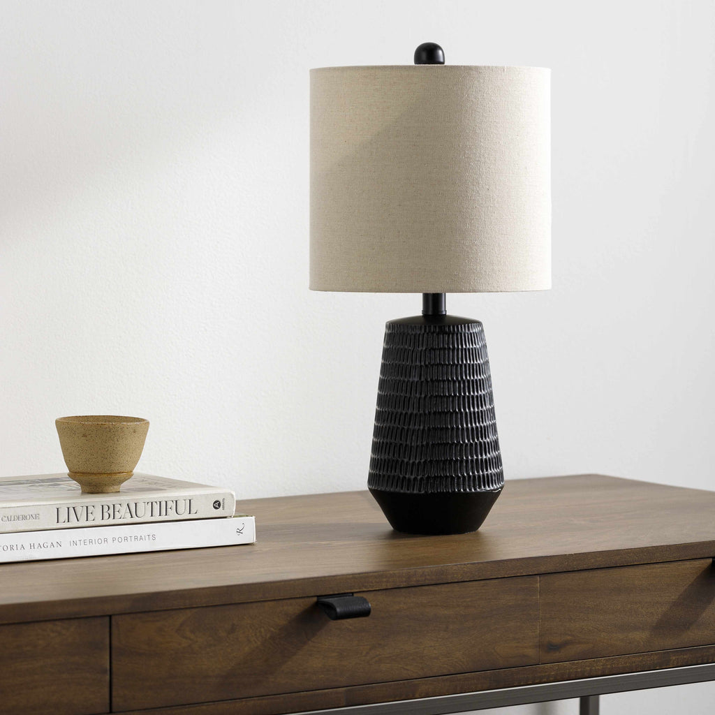 Berehomet Black Resin Table Lamp With Bronze Details And Linen Shade