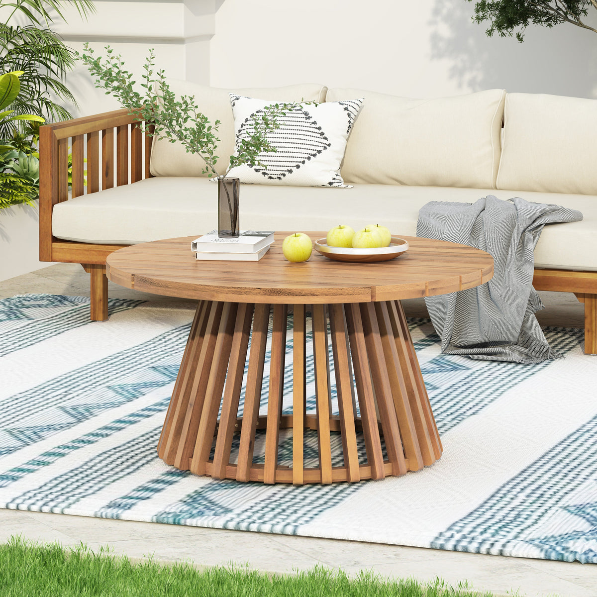 Aura Acacia Wood Patio Coffee Table With Layered Base