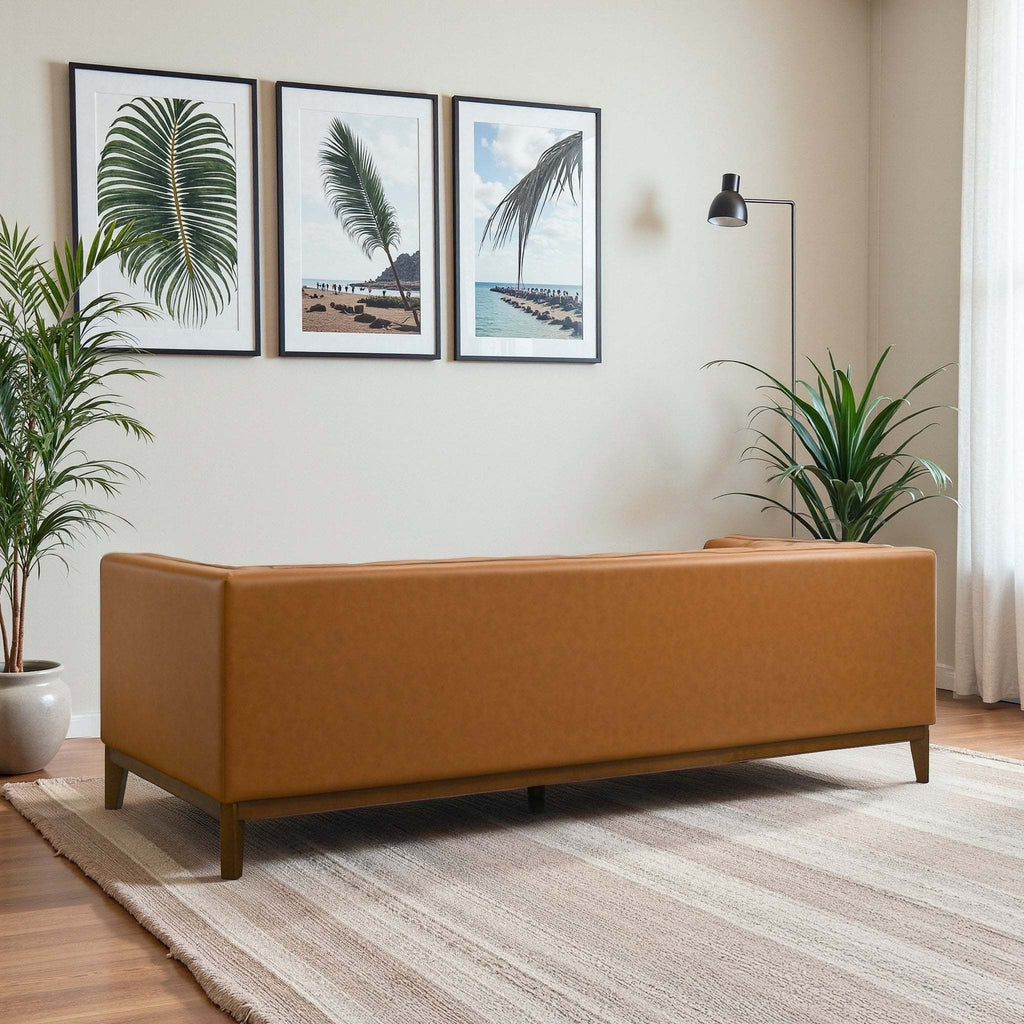 Melissa Modern Channel Tufted Cognac Vegan Leather Sofa