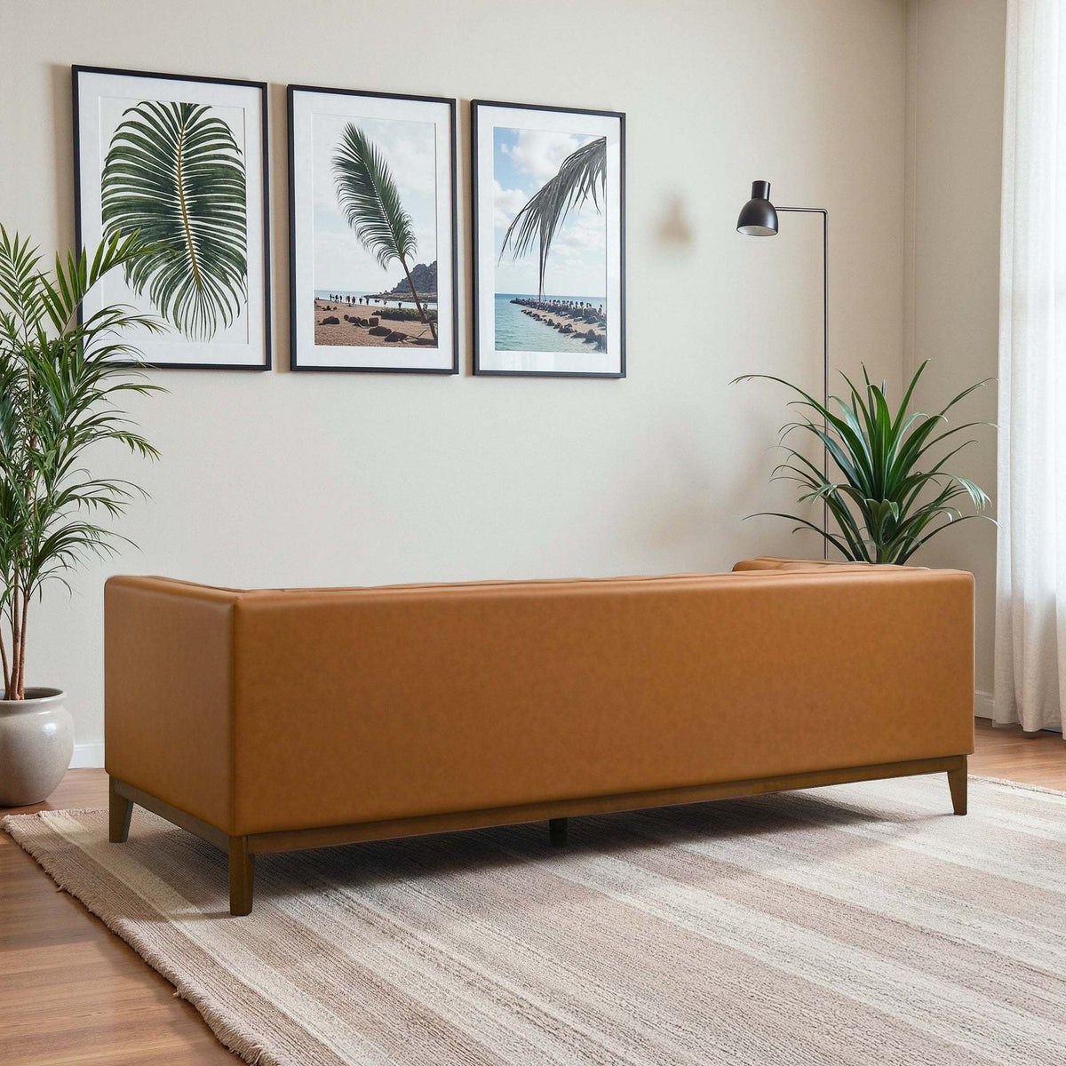 Melissa Modern Channel Tufted Cognac Vegan Leather Sofa