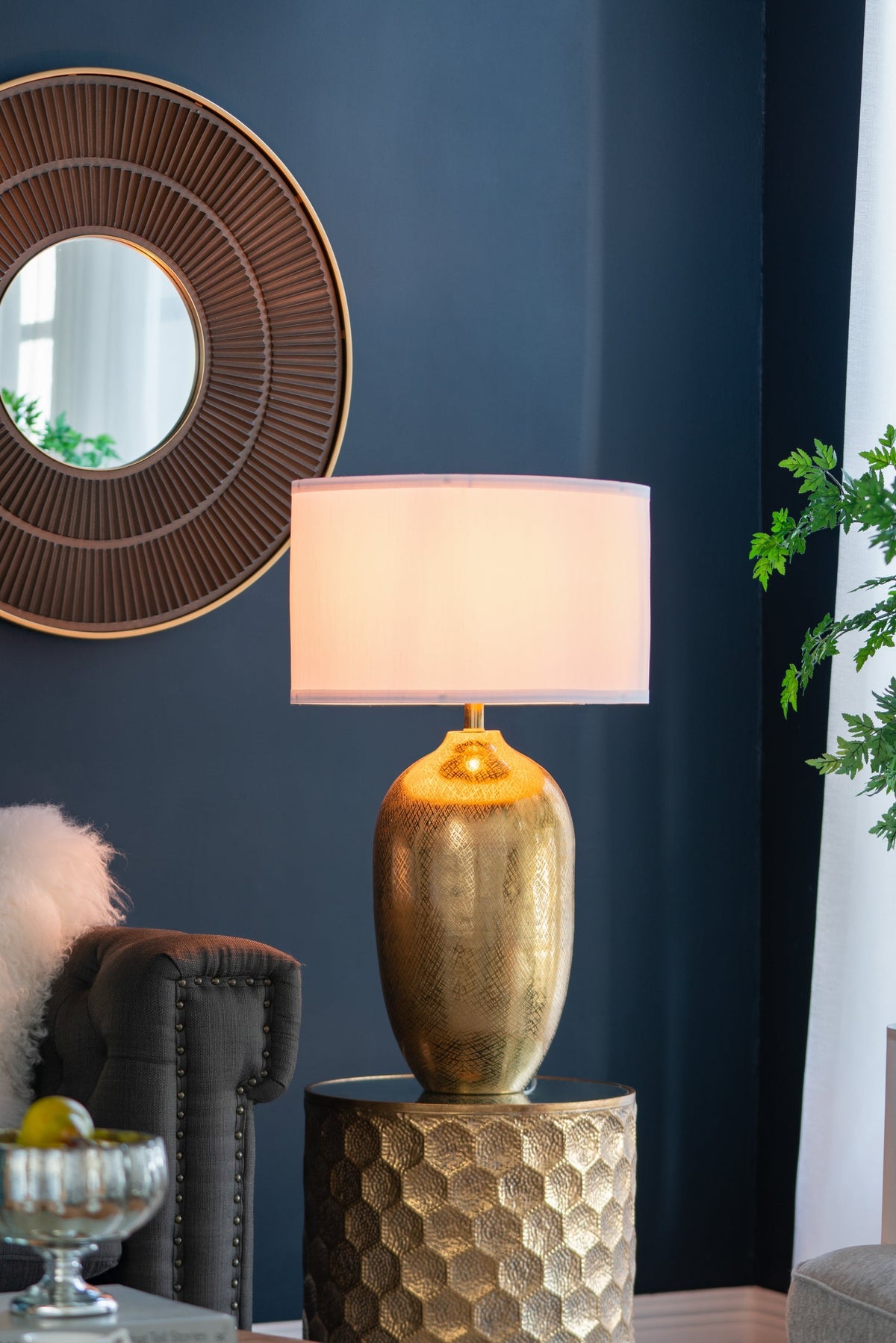 Aurelia Gold Aluminum Table Lamp With White Drum Shade 18X31