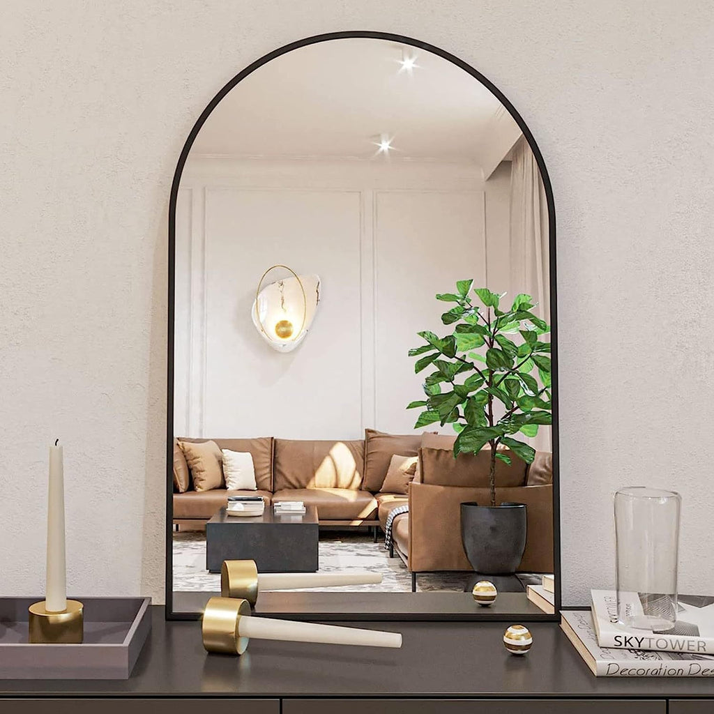 24x36 Inch Black Metal Framed Arched Bathroom Mirror
