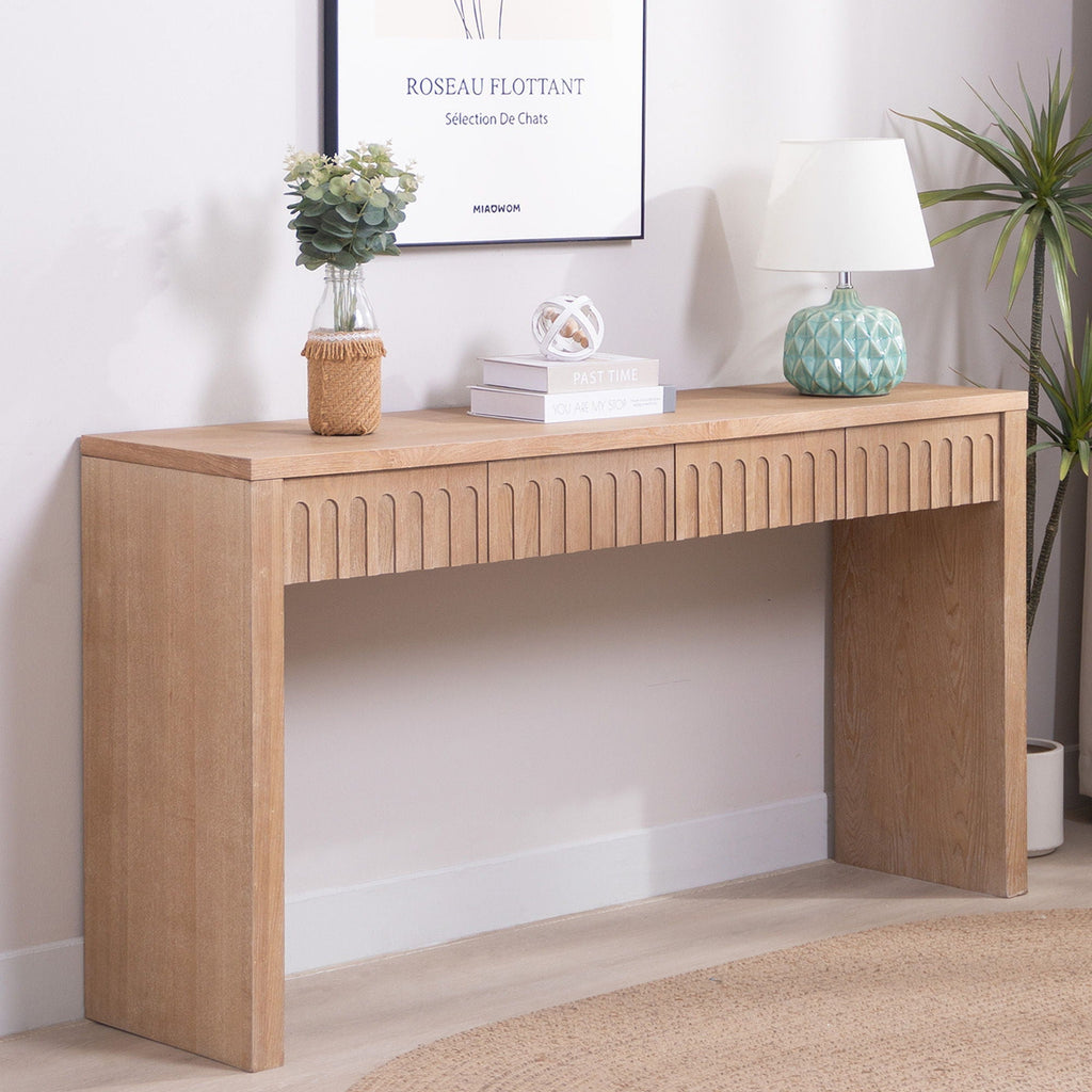 Vivante Modern Console Table With Four Carved Drawers In Walnut