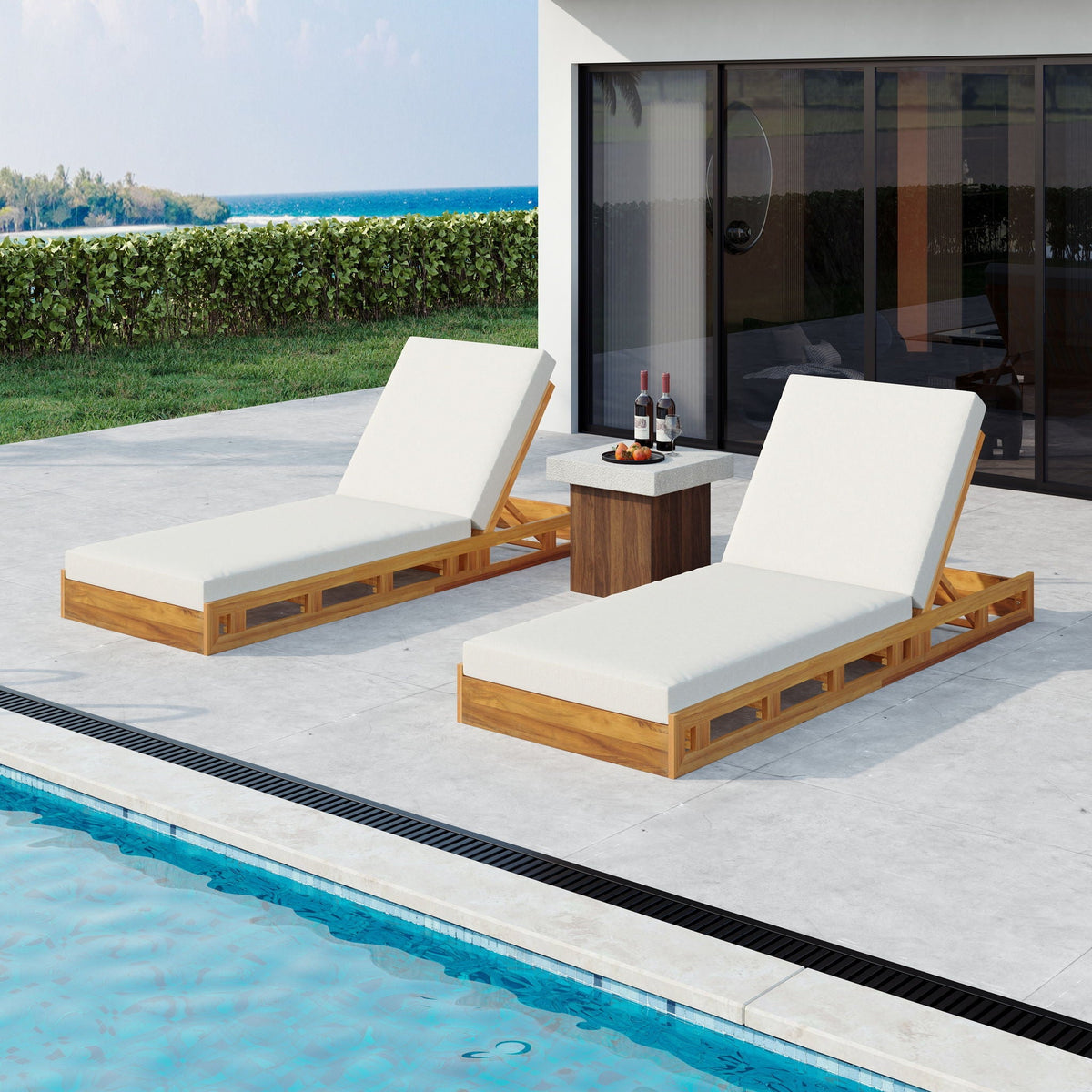 Aura Acacia Lounge Chaise With Water Resistant Cushion, Cream