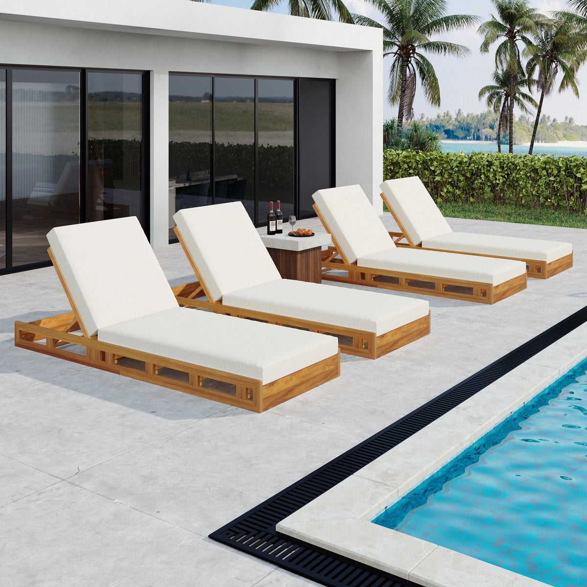 Aura Acacia Lounge Chaise With Water Resistant Cushion, Cream