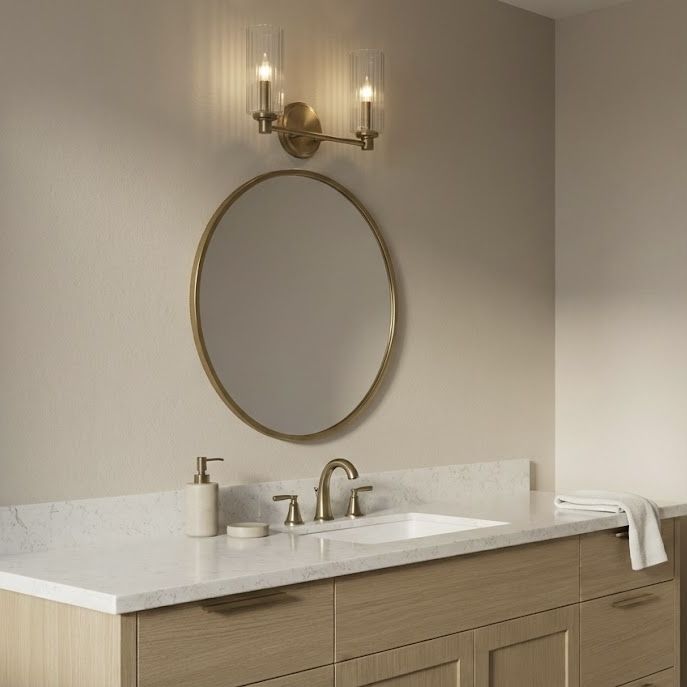 Regal Double Light Vanity In Antique Brass With Clear Ribbed Satin