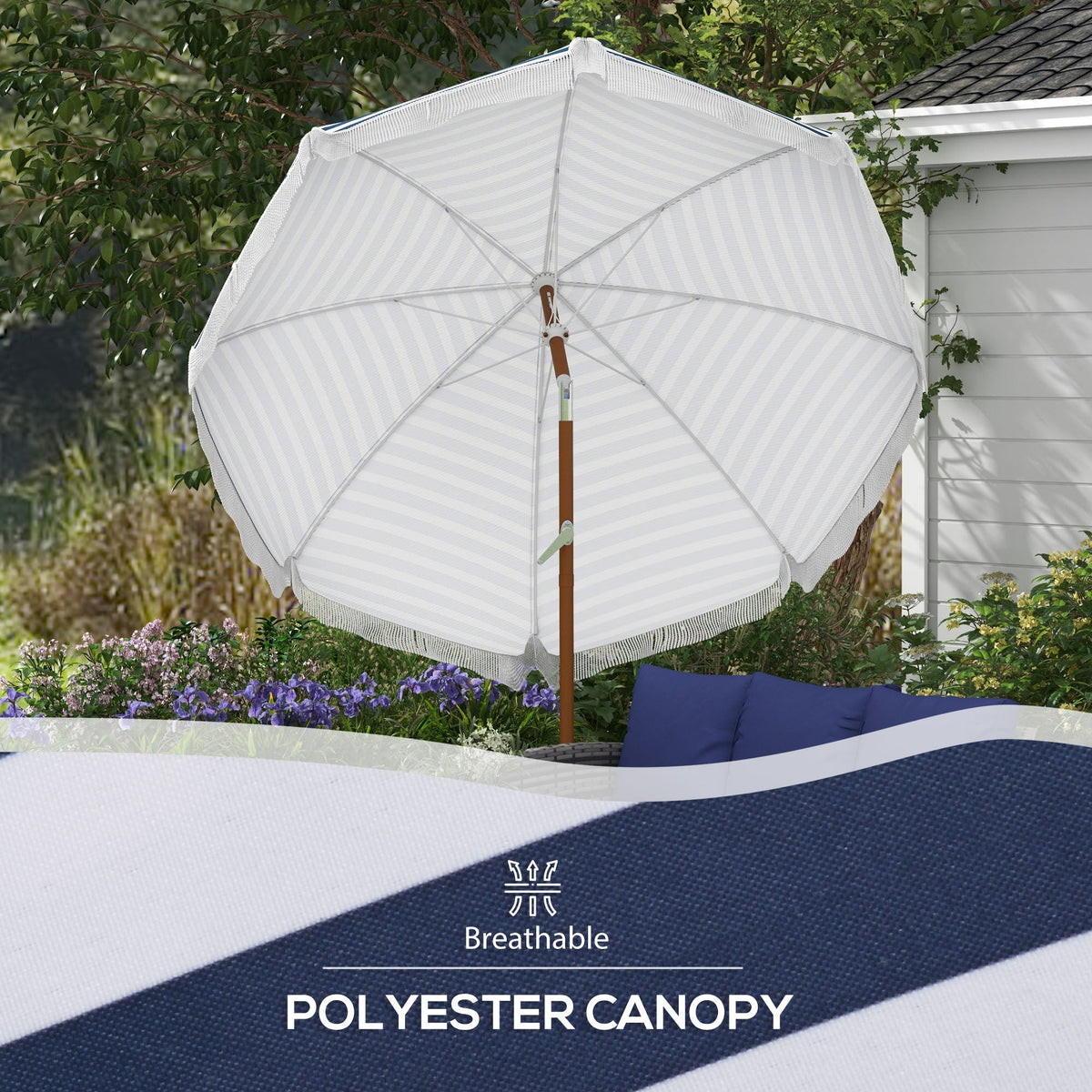 Outsunny 7x7ft Blue Fringe Patio Umbrella With Tilt And Vent