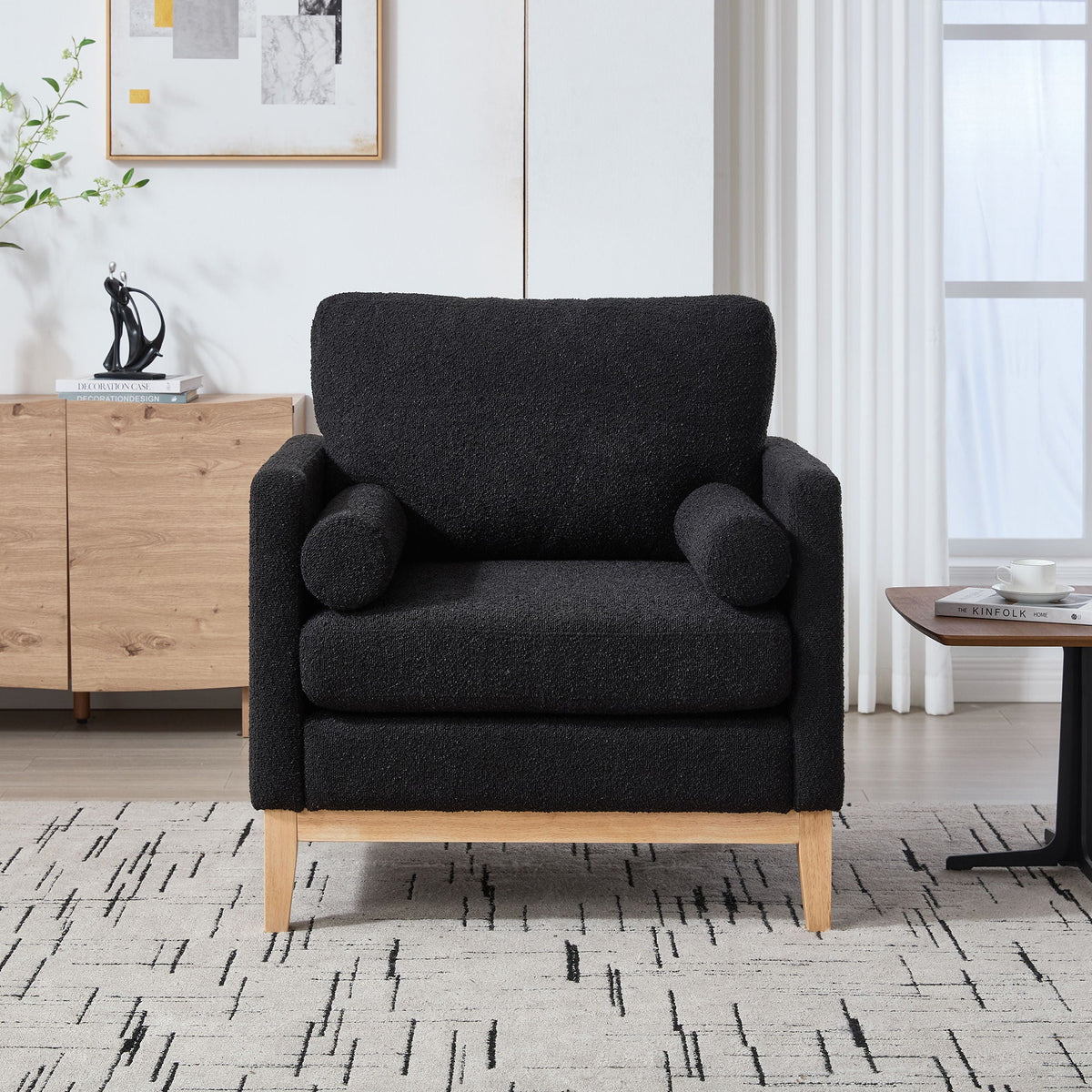 Aura Wide Modern Accent Chair With Natural Wood Legs