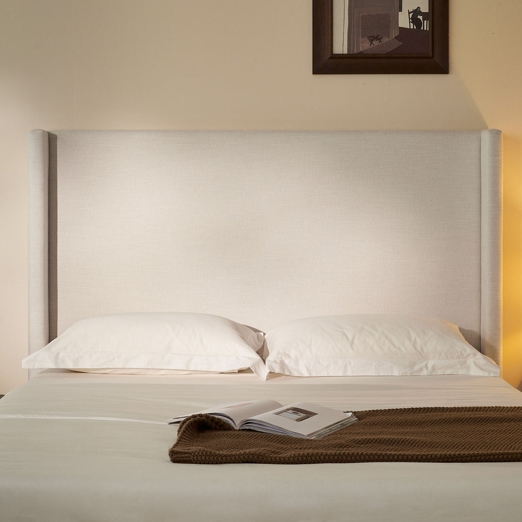 Hosford Minimalist Upholstered Wingback Bed With Rustic Wood Base