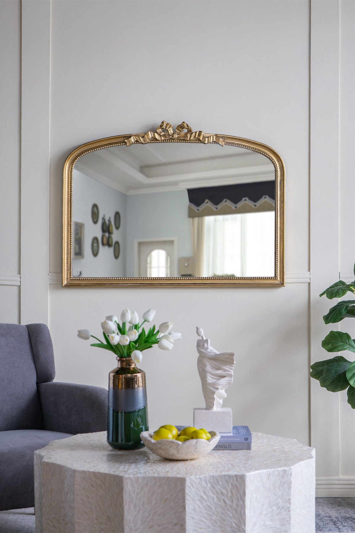 Baroque Gold Arch Mirror With Ornate Scrollwork 40x30 Inches