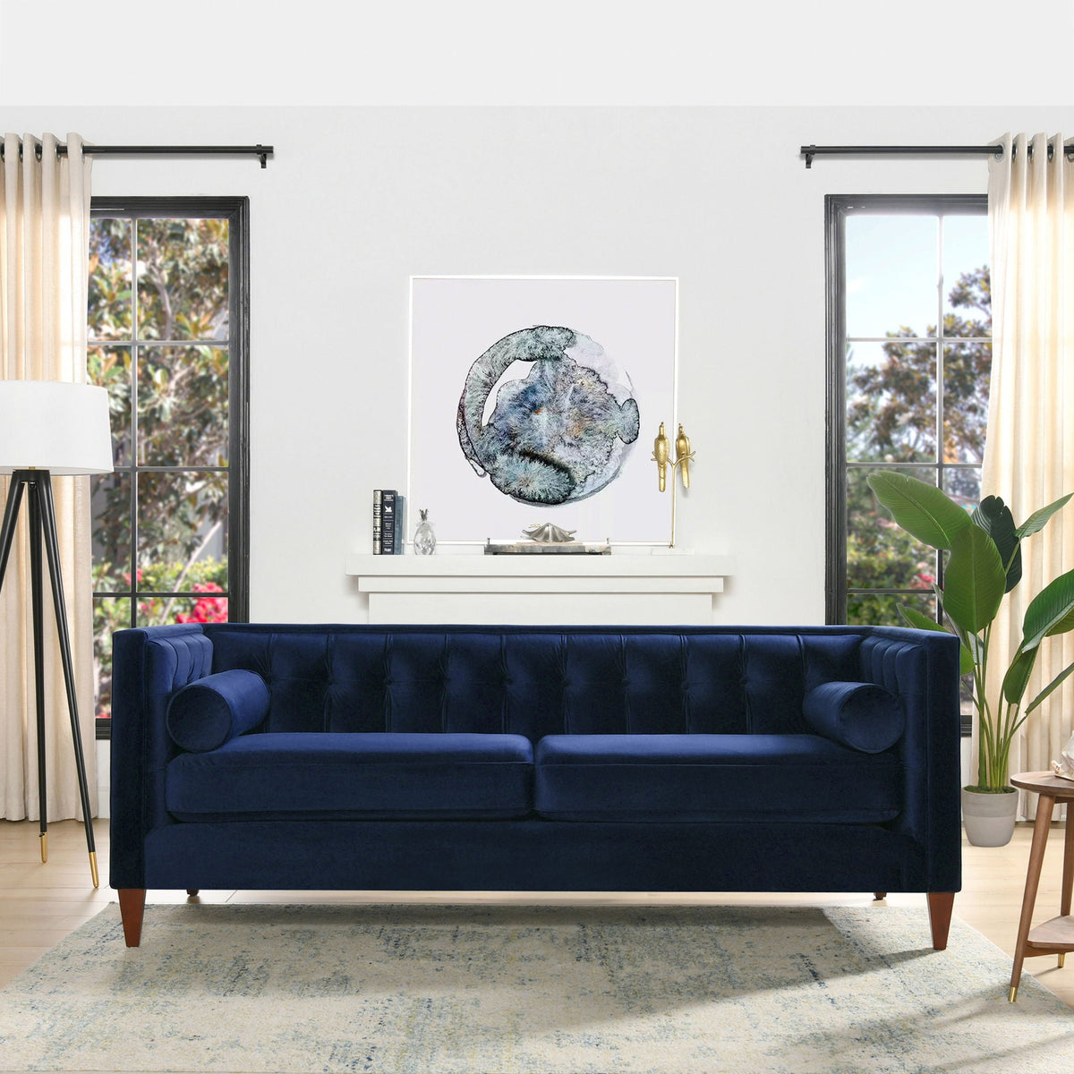 Elara Jack Tufted Tuxedo Sofa In Elegant Navy Blue