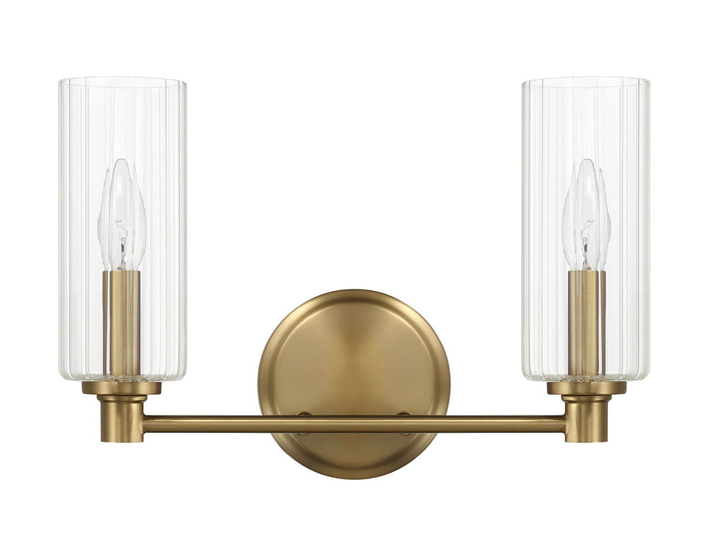 Regal Double Light Vanity In Antique Brass With Clear Ribbed Satin