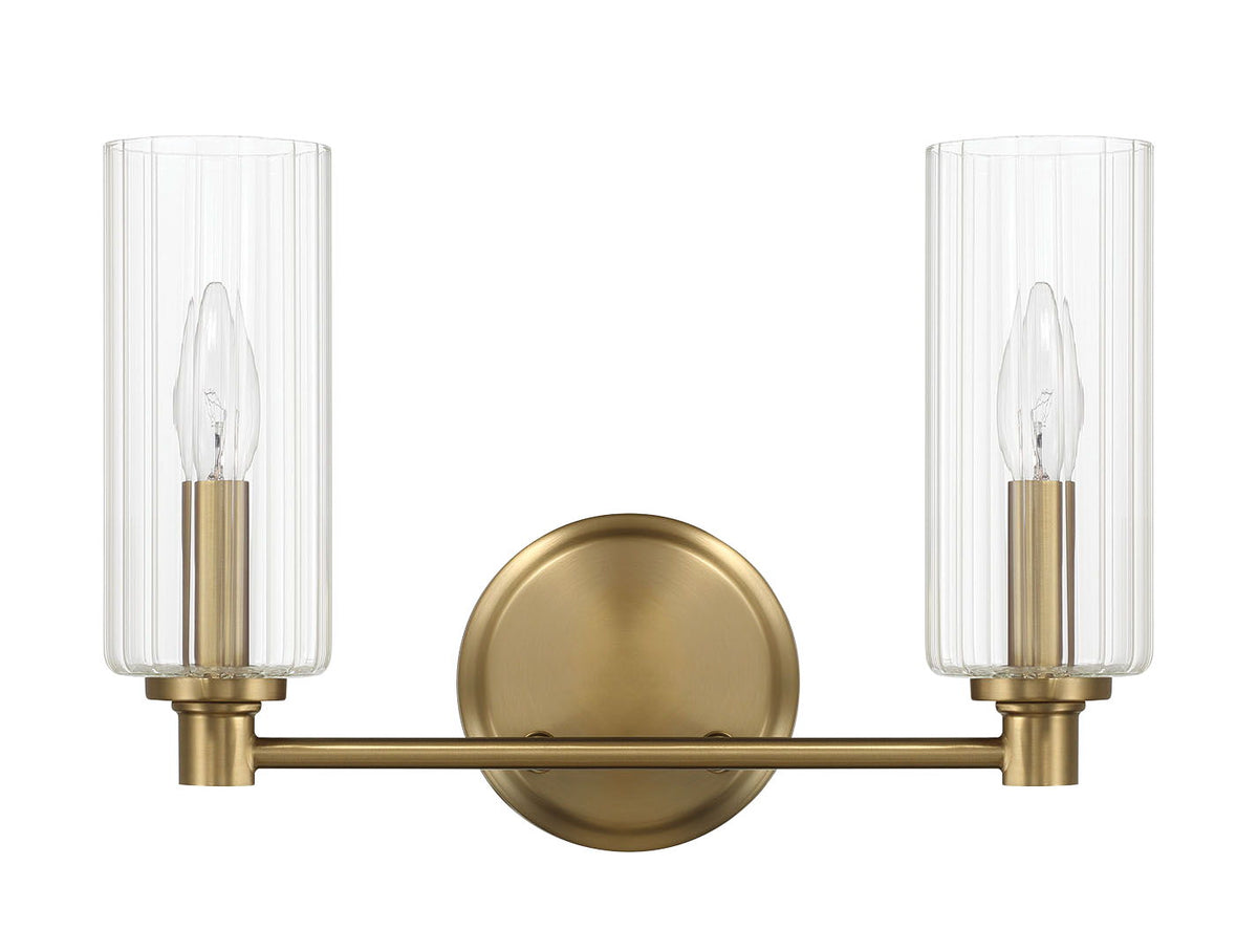 Regal Double Light Vanity In Antique Brass With Clear Ribbed Satin