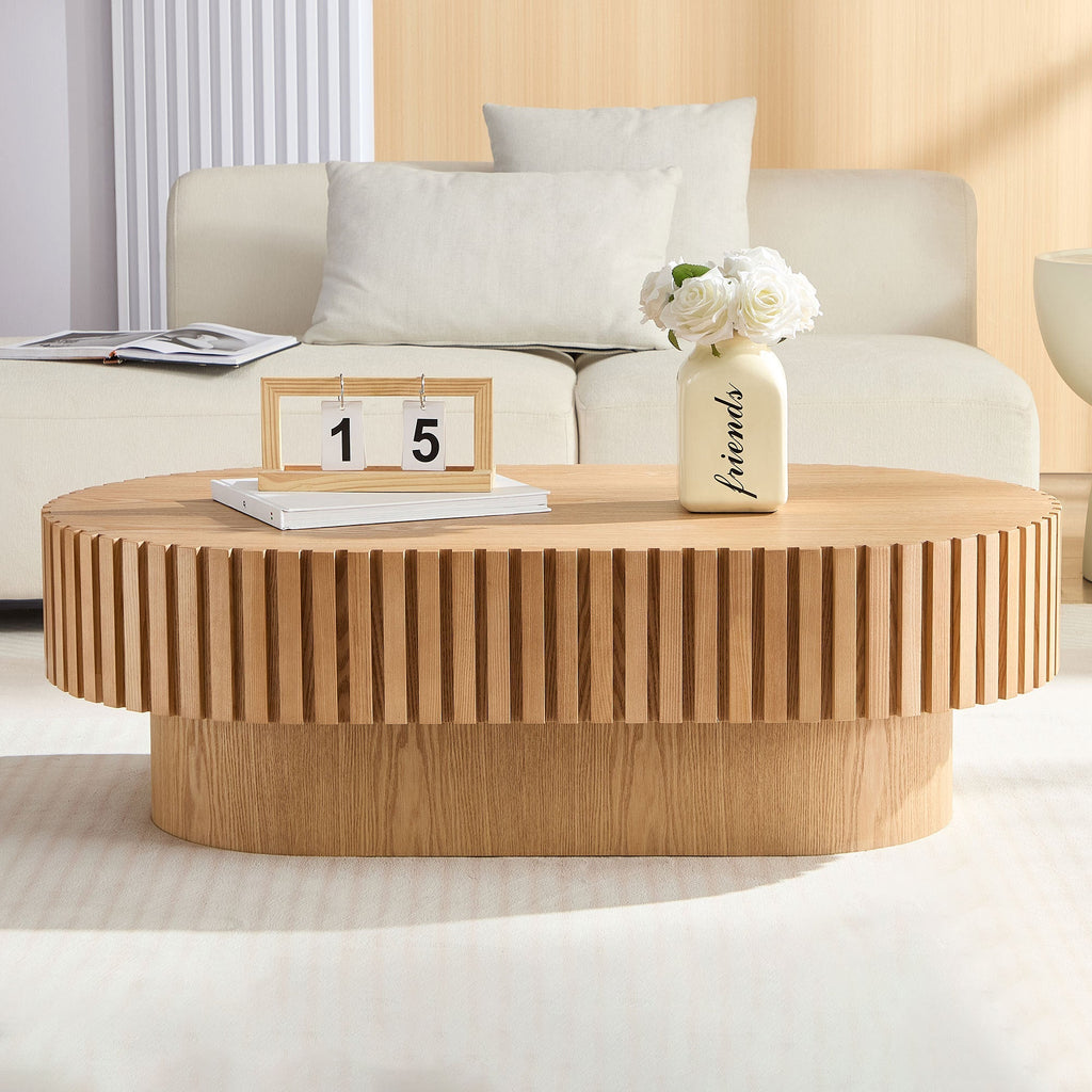 Modern Handcrafted Drum Coffee Table 43.7 Inch Oval Ash Veneer