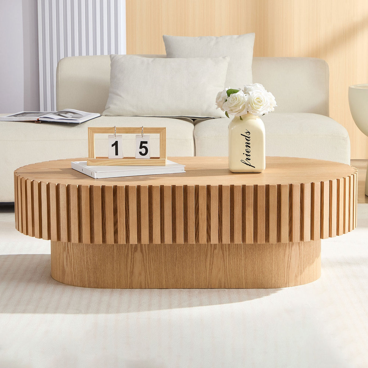 Modern Handcrafted Drum Coffee Table 43.7 Inch Oval Ash Veneer