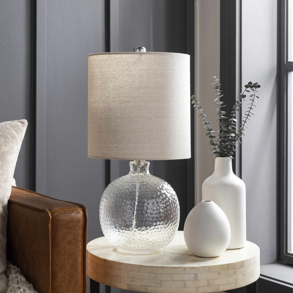 Enetai Clear Glass Table Lamp With Soft Linen Shade