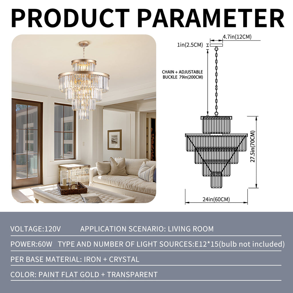 Premium Golden K9 Five Tier Crystal Chandelier 23.6 Inches