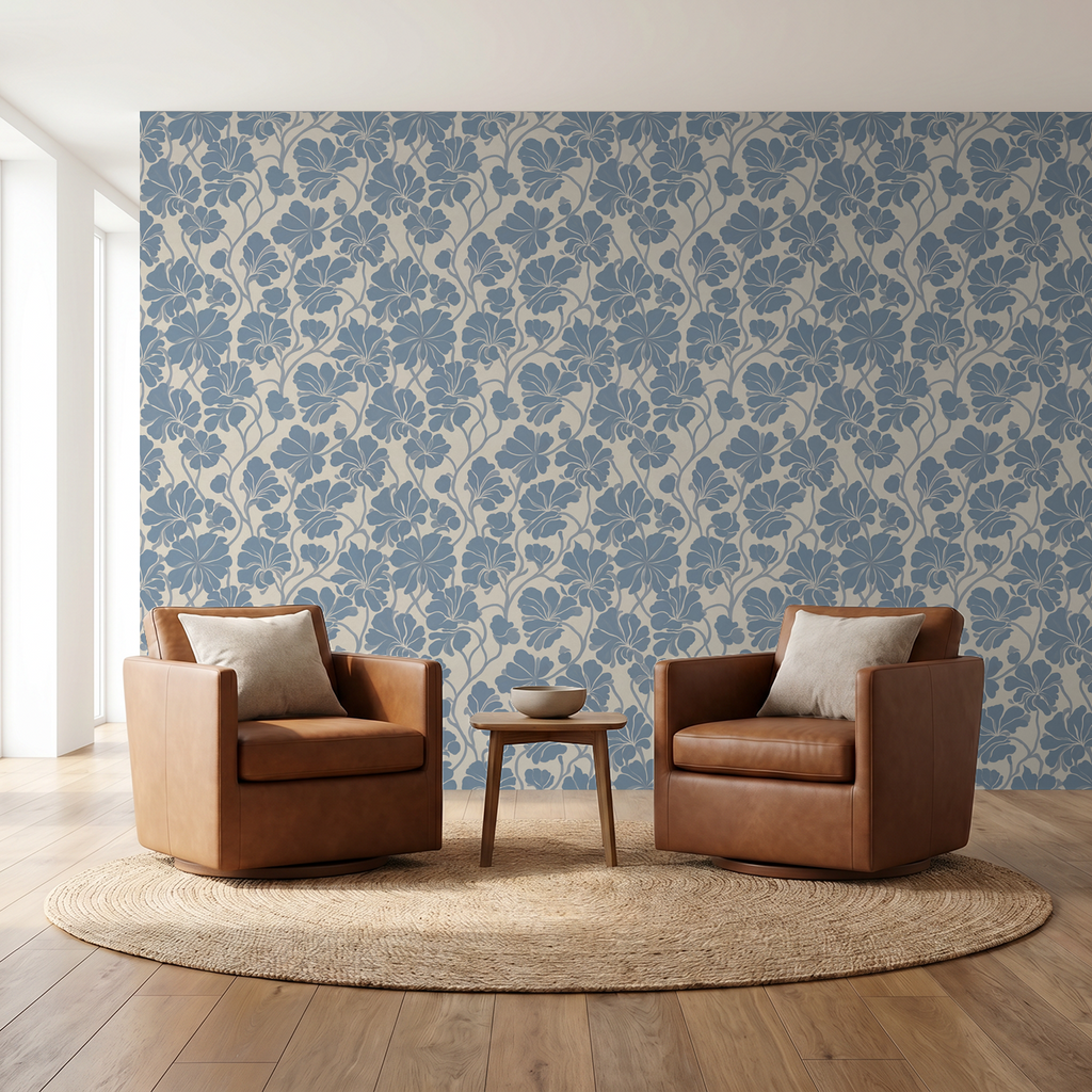 Fleurish Wall Blush Original Soft Blue Floral Wallpaper