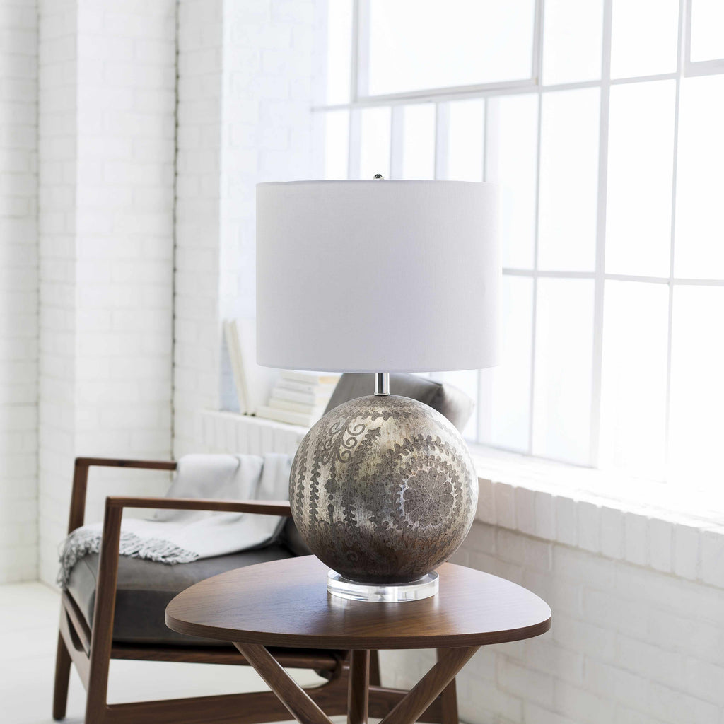 Greece Silver Glass Table Lamp With Crisp White Linen Shade