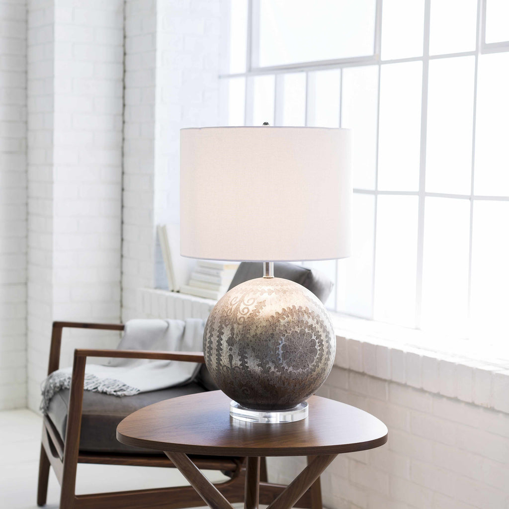 Greece Silver Glass Table Lamp With Crisp White Linen Shade