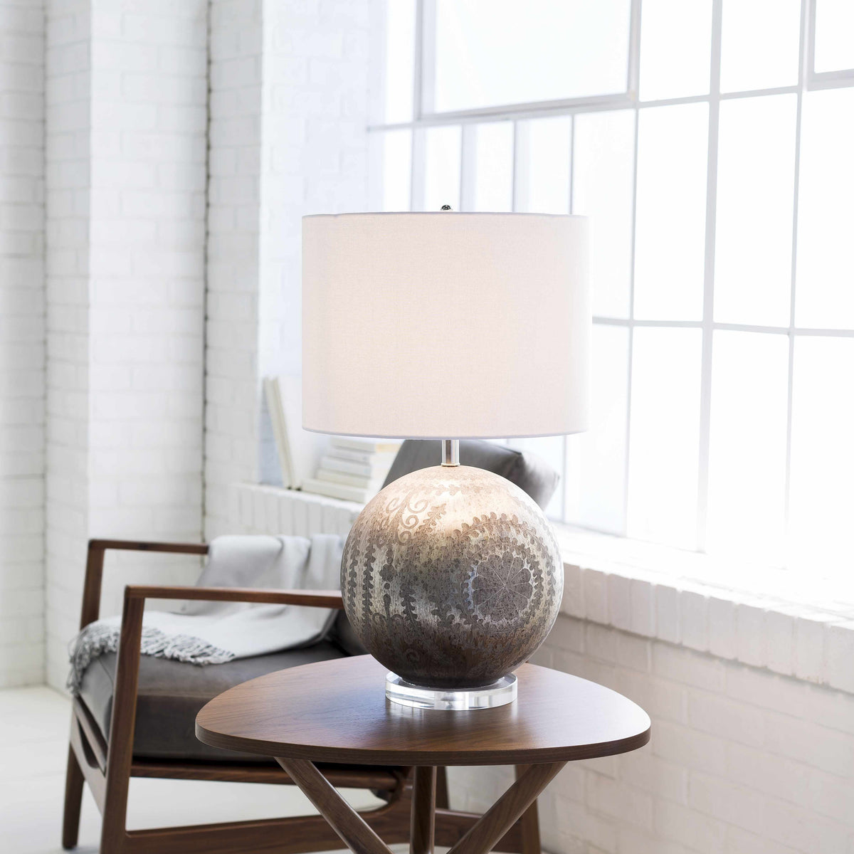Greece Silver Glass Table Lamp With Crisp White Linen Shade