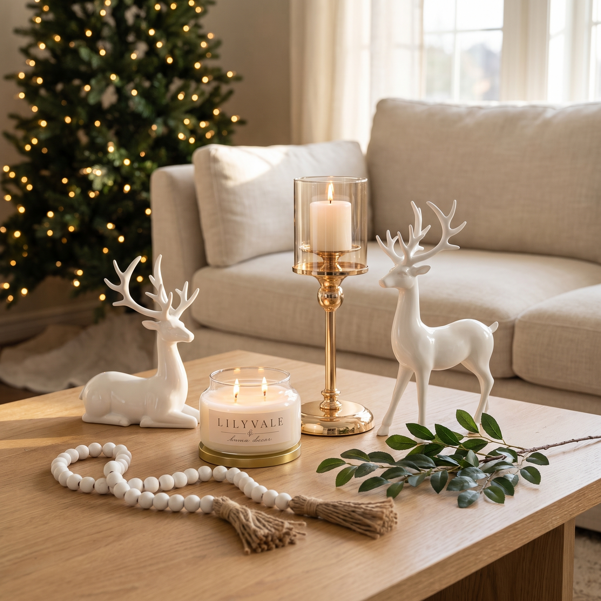 Christmas coffee table bundle with a lit Lilyvale candle, gold glass hurricane, white elk pair, white wood bead garland and ruscus greenery