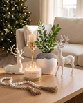 Christmas coffee table bundle with a lit Lilyvale candle, gold glass hurricane, white elk pair, white wood bead garland and ruscus greenery in a white ceramic vase