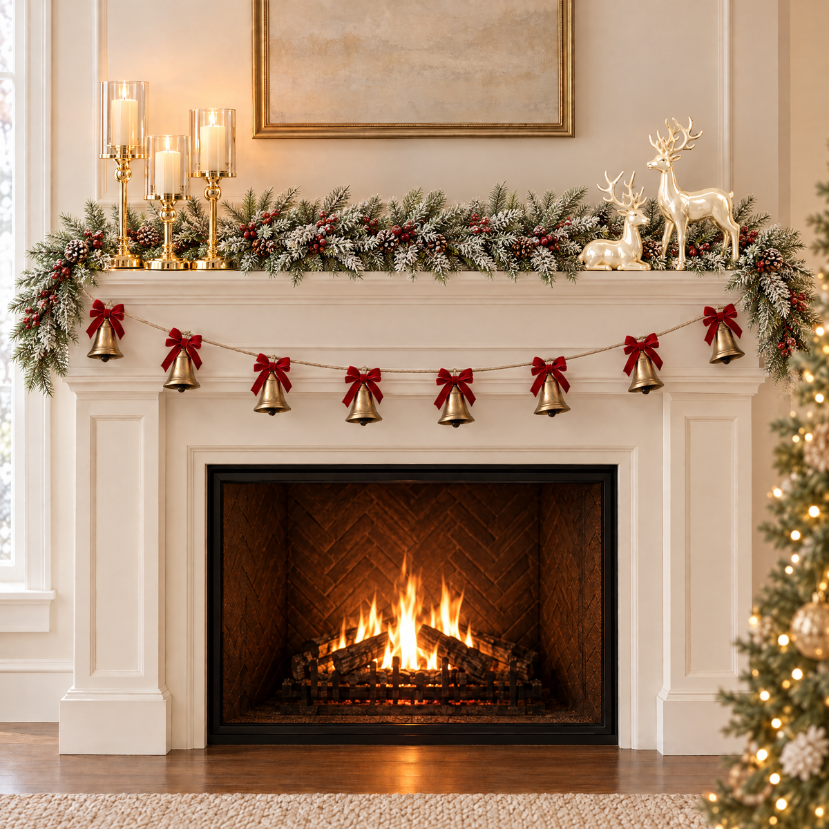 Holiday Mantle Set styled on a cream fireplace mantel: a continuous snowy pine and red berry garland, three gold hurricane candle holders, white elk pair and a brass bell garland with red bows