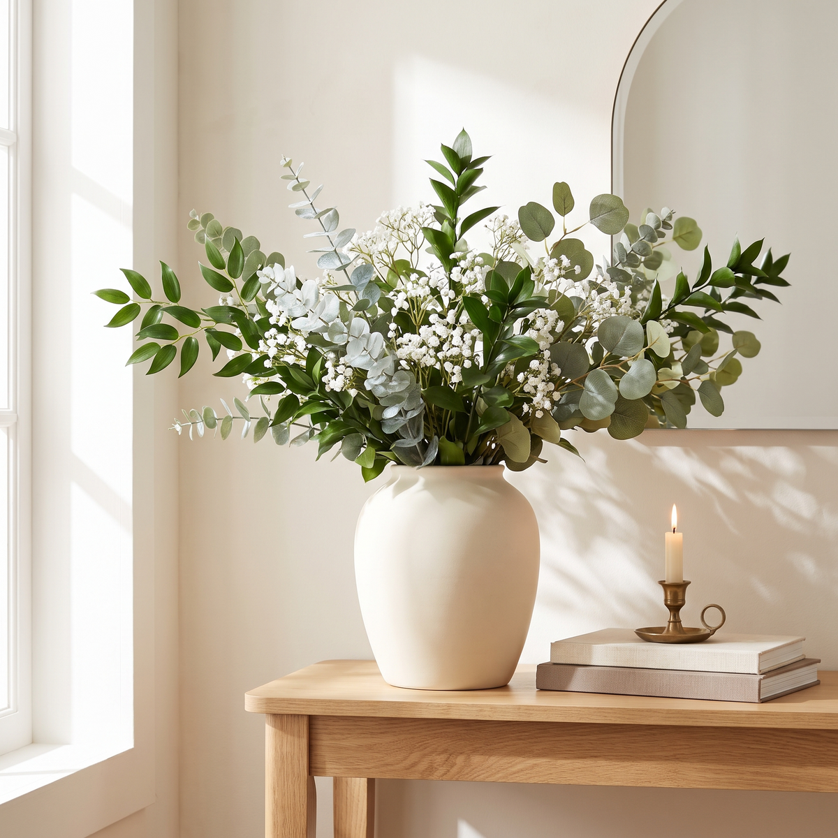 Faux eucalyptus, ruscus and baby's breath stems in a white ceramic vase on a wooden console in a sunlit room