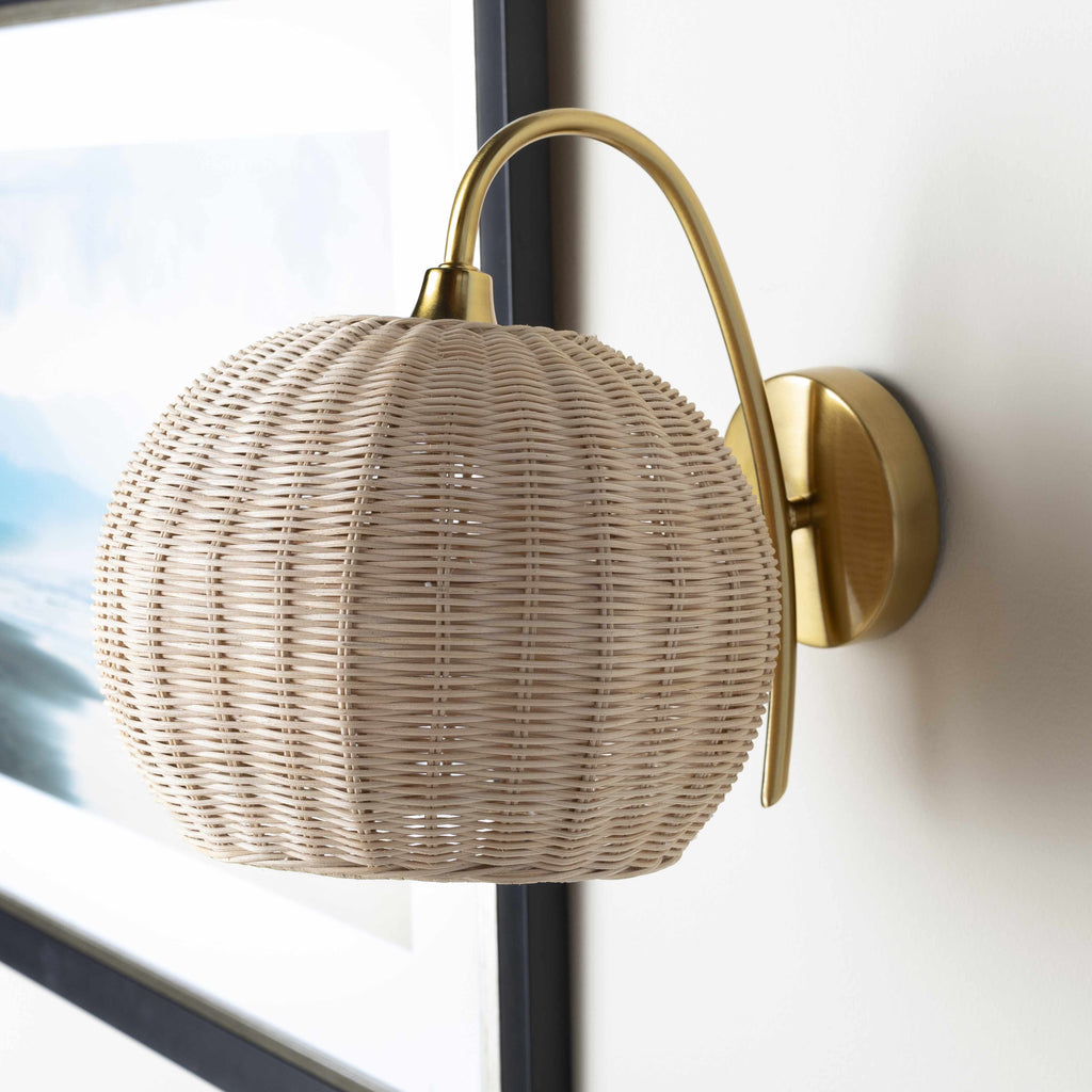 Hidang Woven Rattan Wall Sconces Tan With Gold Iron Base