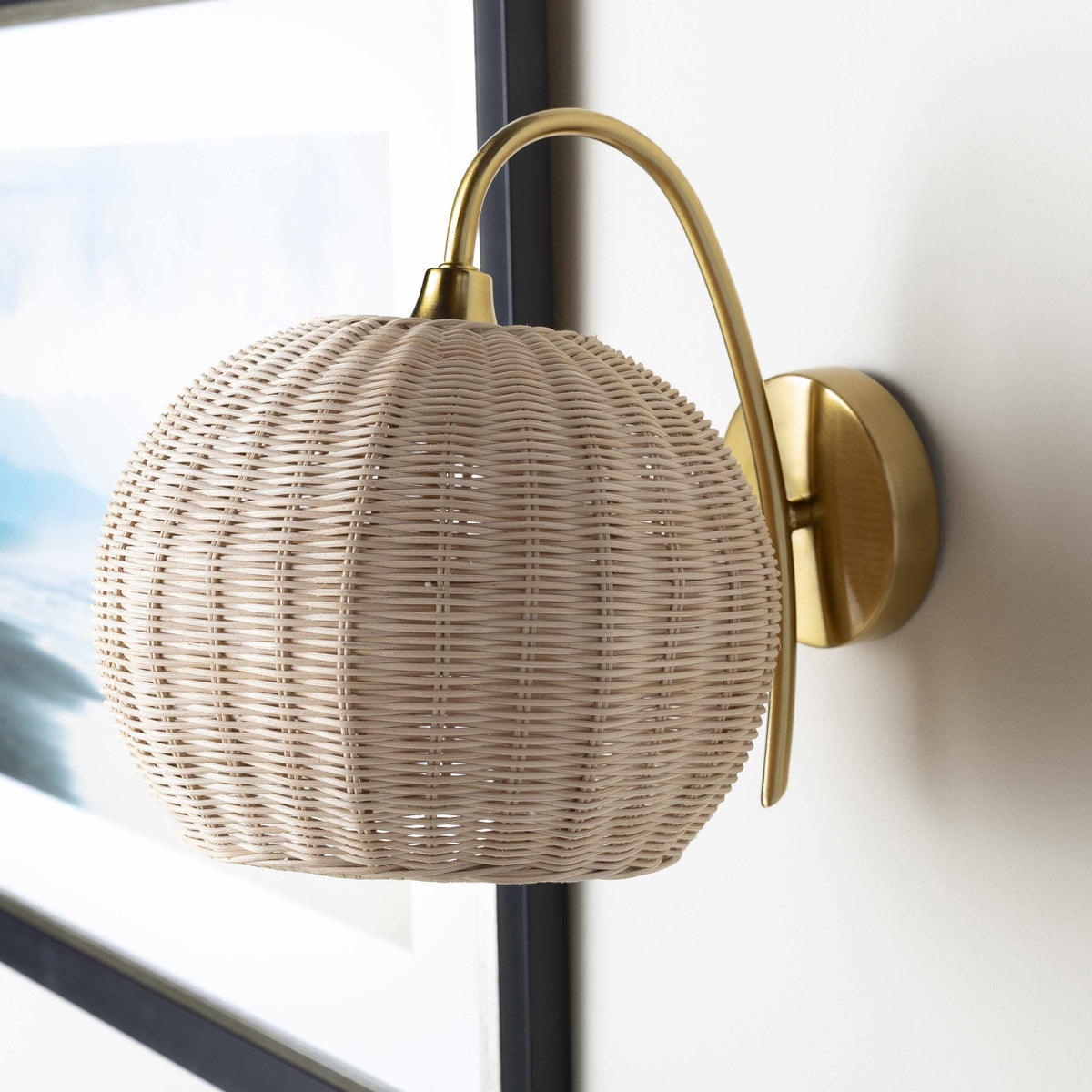 Hidang Woven Rattan Wall Sconces Tan With Gold Iron Base