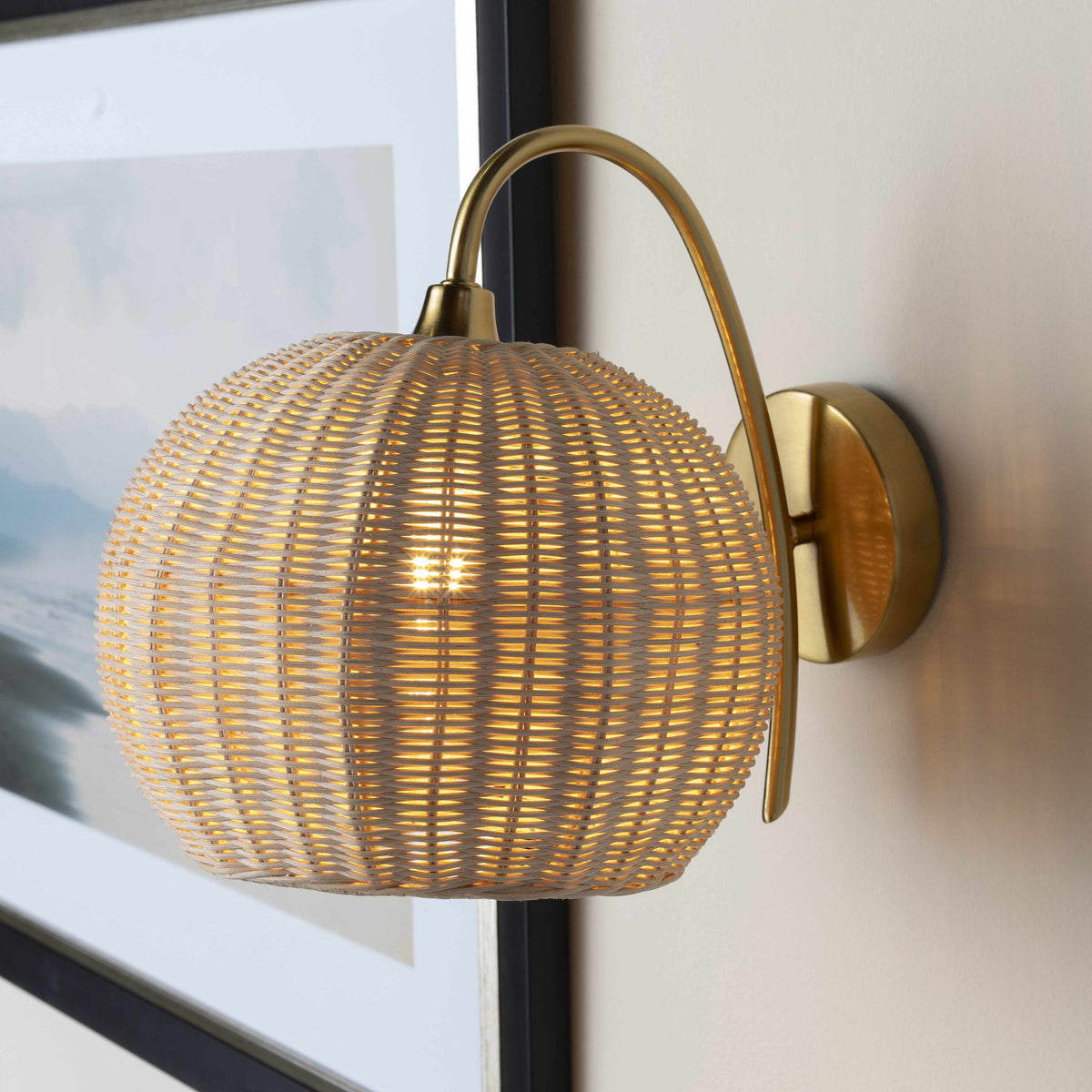 Hidang Woven Rattan Wall Sconces Tan With Gold Iron Base