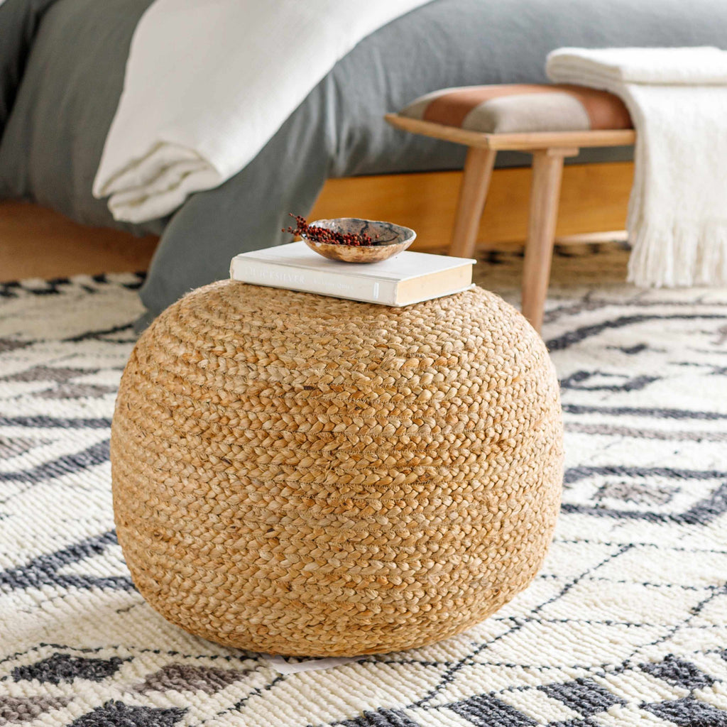 Kaumakani Warm Peach Knitted Jute Pouf With Polybead Fill