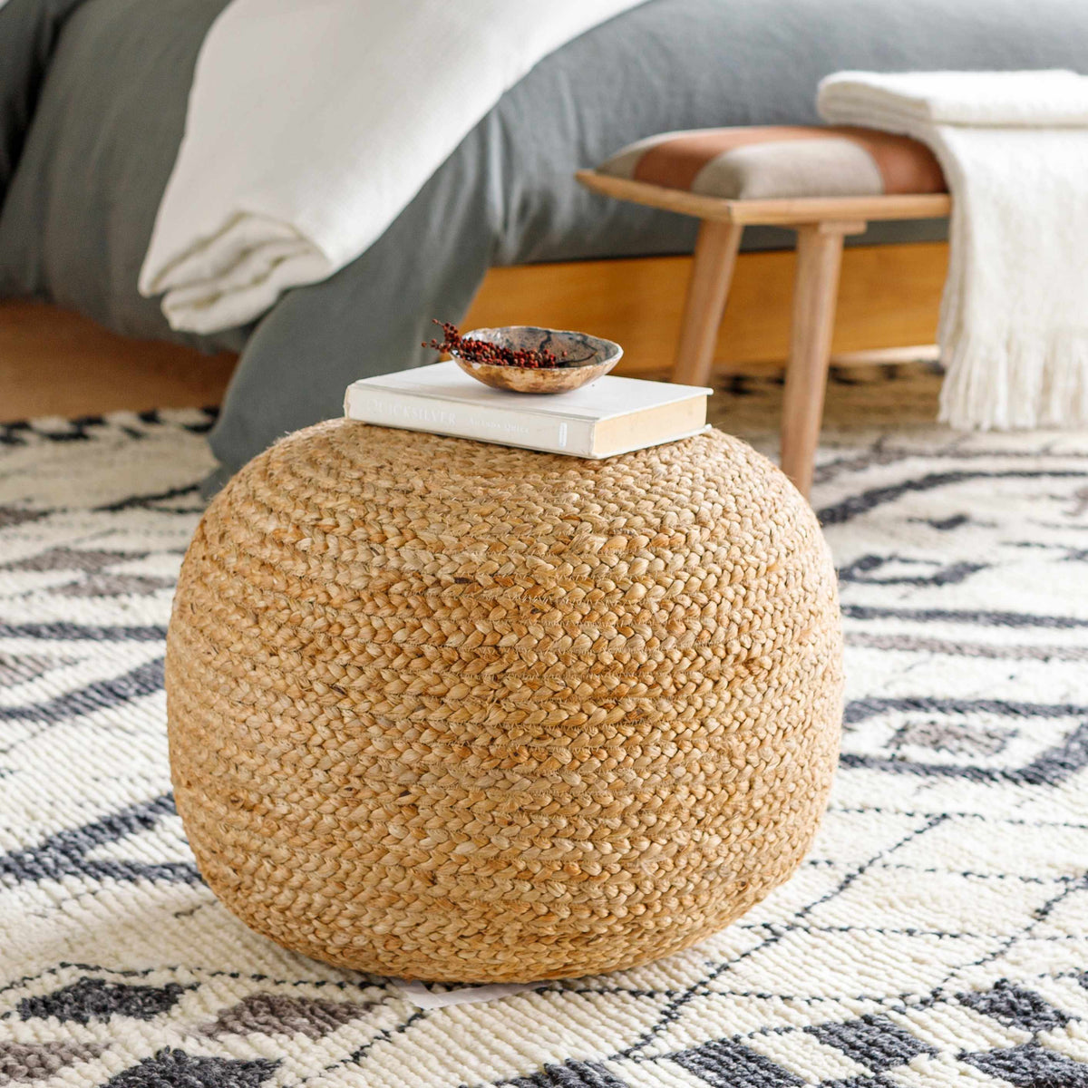 Kaumakani Warm Peach Knitted Jute Pouf With Polybead Fill