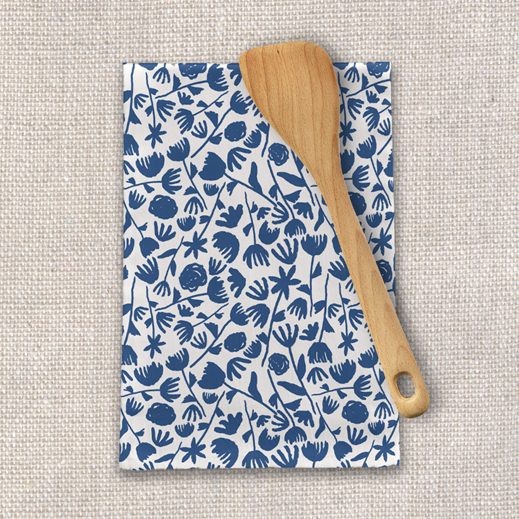 Dark Blue Ink Floral Cotton Twill Tea Towel 18x30 Inch