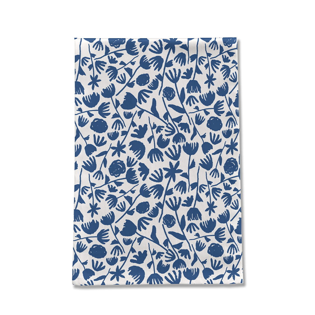 Dark Blue Ink Floral Cotton Twill Tea Towel 18x30 Inch