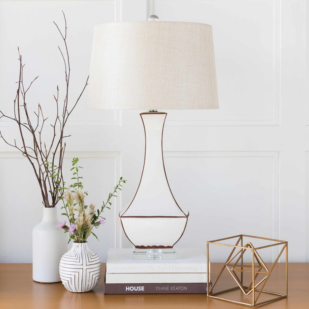 Tuka Tan Ceramic Table Lamp with Clear Crystal Base and Ivory Shade