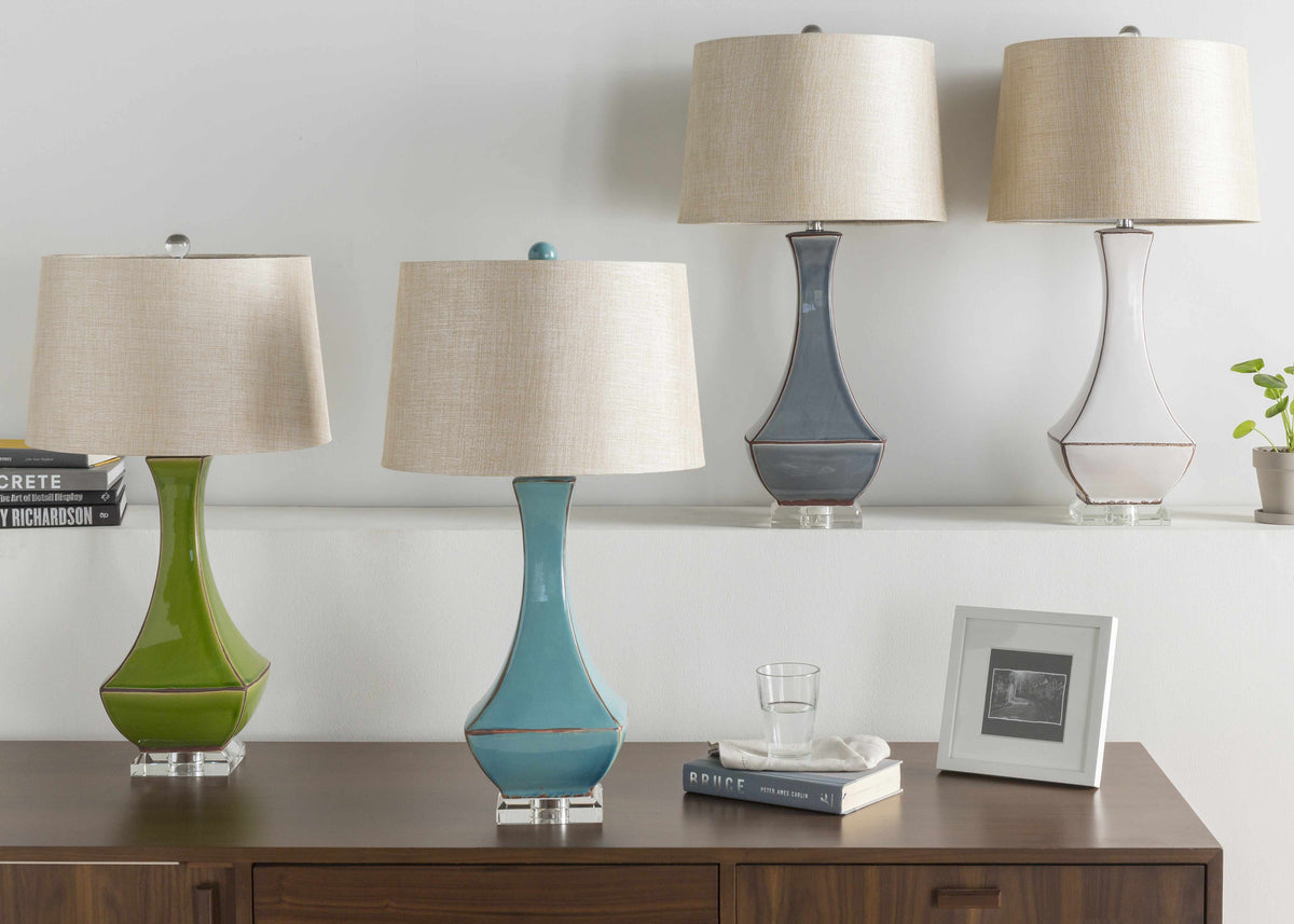 Tuka Tan Ceramic Table Lamp with Clear Crystal Base and Ivory Shade